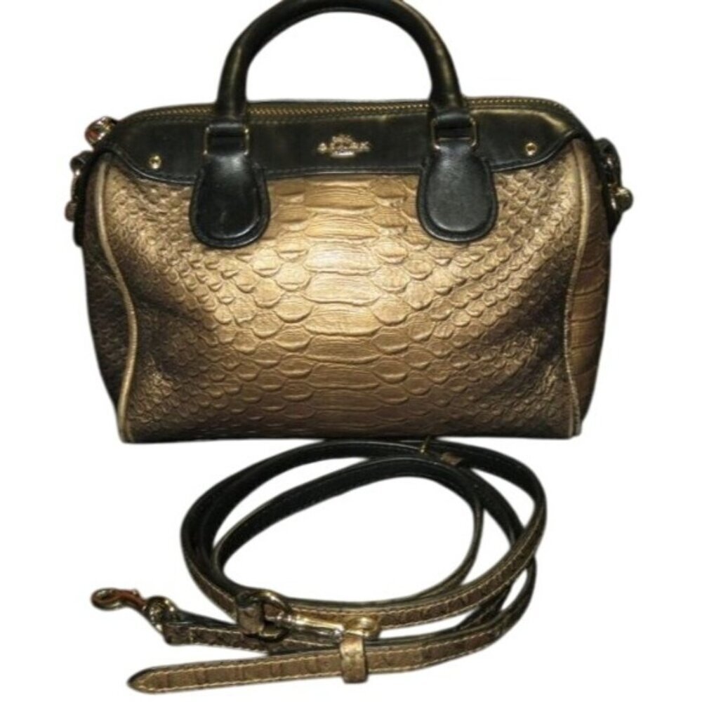 Coach 2015 Mini Rowan Baby Bennett Metallic Gold Python Leather Crossbody